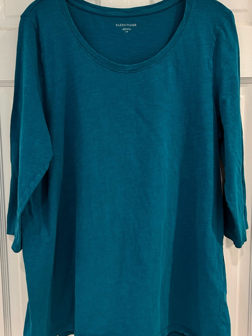 Eileen Fisher teal organic cotton 3/4 sleeve tunic tee L